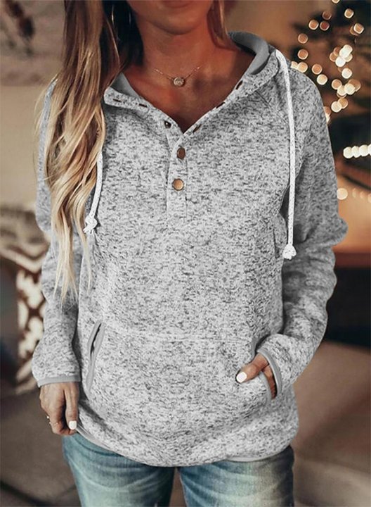 Solid V Neck Button Long Sleeve Hoodie