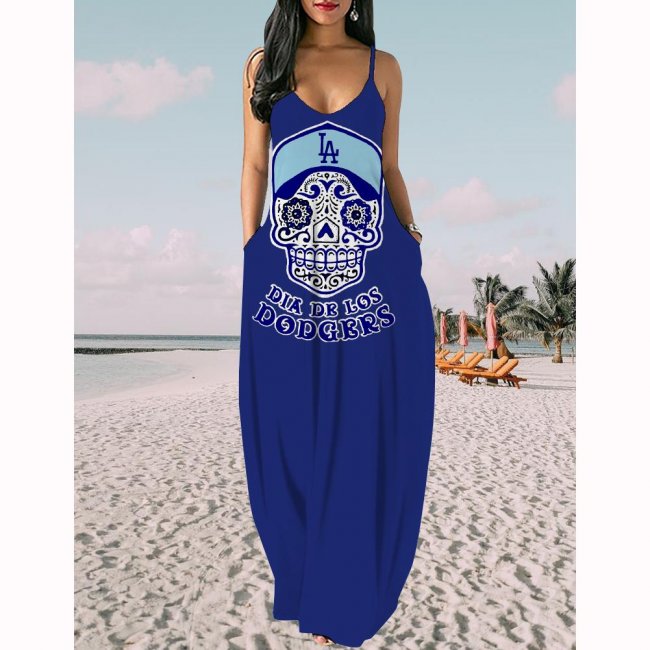 Women's Los Angeles Dodgers Baseball Team Print Sling Pocket Sleeveless Loose Holiday Style Long Dress