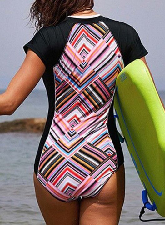 Women's One Piece Swimwear Color Block Geometric Short Sleeve Zip One-Piece Swimsuit