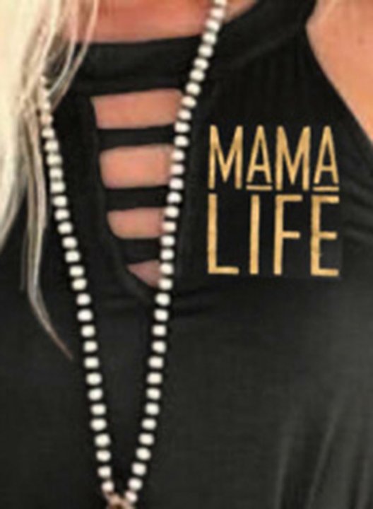 Women's Mama Life Letter Print Tank Tops Sleeveless Round Neck Casual Cut-out T-Shirt Tank