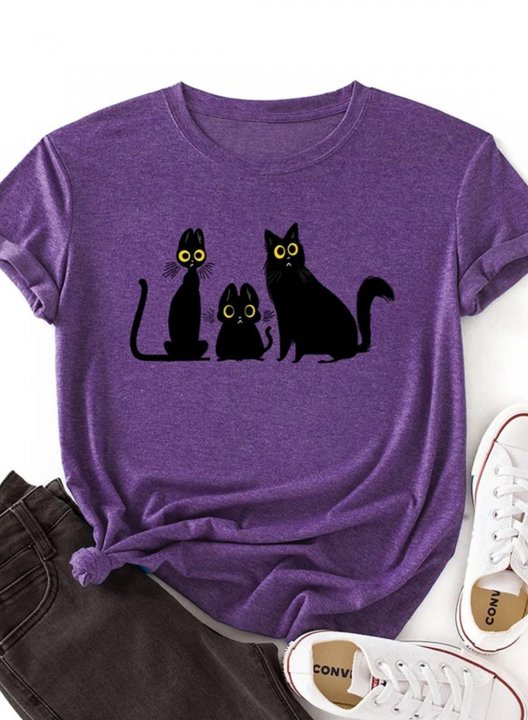 Women's Cute Cat Print T-shirts Casual Animal Print Solid Round Neck Short Sleeve Daily T-shirts