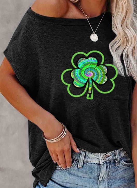 Women's St Patrick's Day T-shirts Lucky Clover Color Block Off Shoulder Round Neck Sleeveless Daily Casual T-shirts