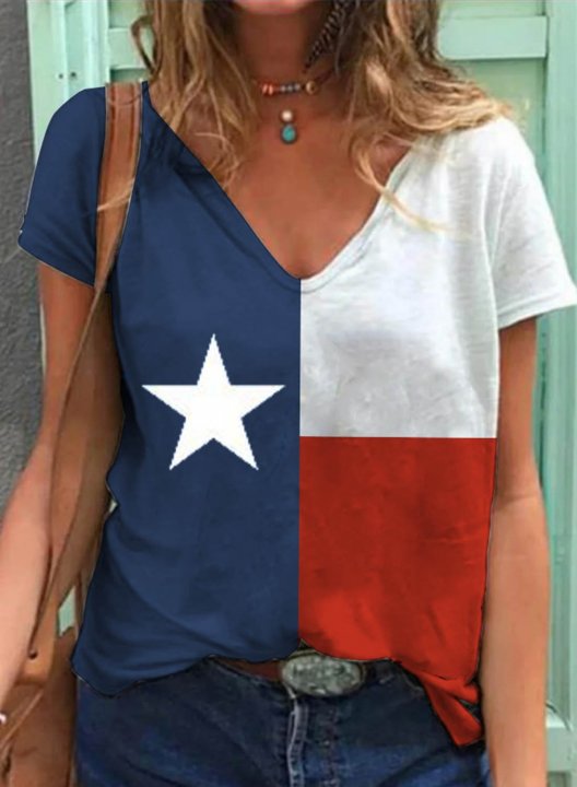 Women's Texas Flag T-shirts Color Block V Neck Short Sleeve Daily Casual Texas independence day T-shirts