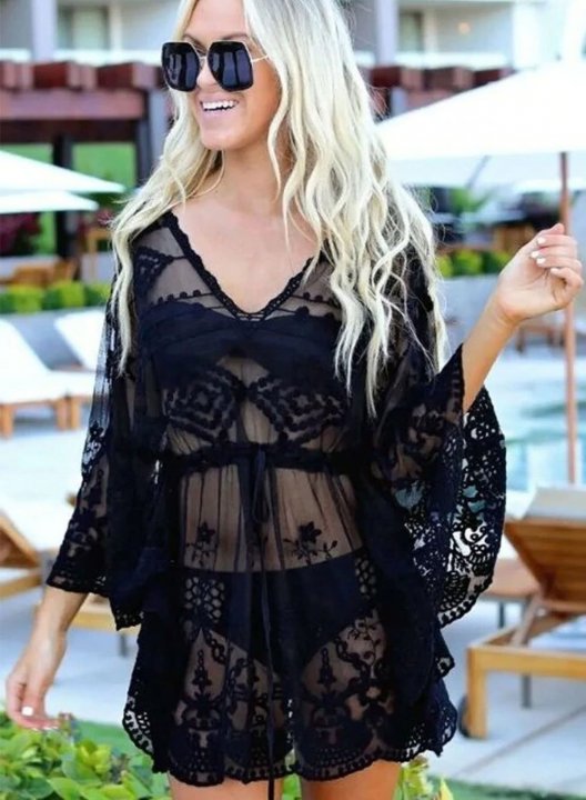 Women's Mini Dress Solid Lace Fit & Flare V Neck Long Sleeve Vacation Beach Mini Dress