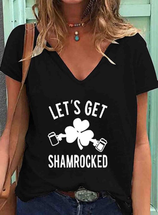 Women's St Patrick's Day GreenT-shirts Clover Let's Get Shamrocked Print Short Sleeve V Neck Daily T-shirt