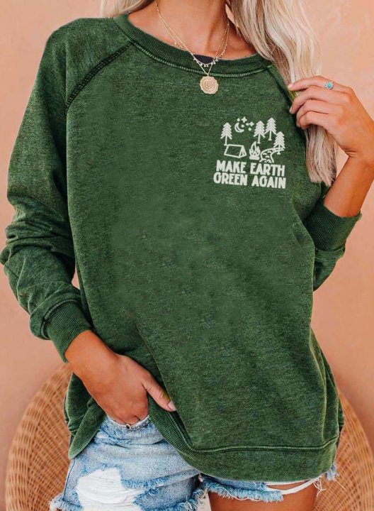 Women's Sweatshirts Letter Make Earth Green Again Print Long Sleeve Round Neck Daily Casual Sweatshirt