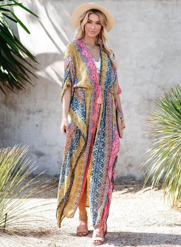 Women's Maxi Dress Tribal Color Block A-line Half Sleeve V Neck Split Knot Vintage Beach Maxi Dress