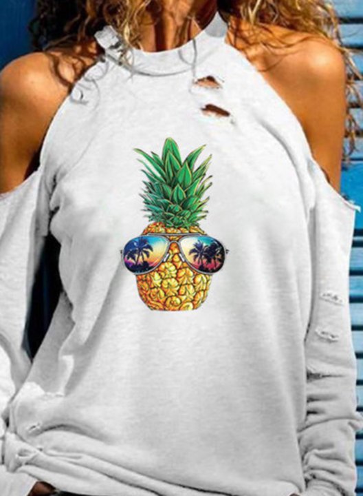 Women's Funny Graphic Sweatshirt Solid Cut-out Off-shoulder Pineapple Print Stand Neck Long Sleeve Casual Daily T-shirts