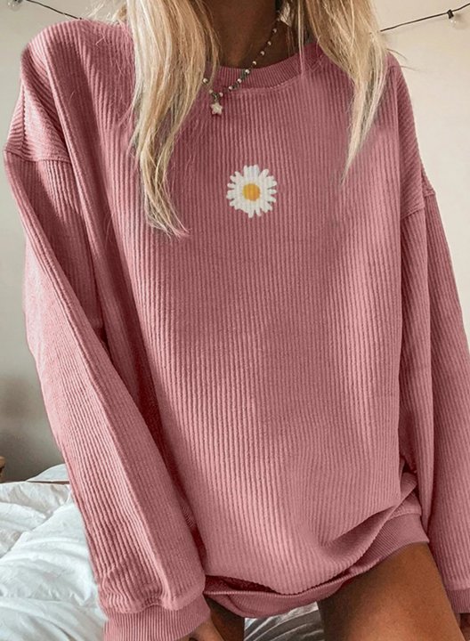 Solid Round Neck Little Daisy Long Sleeve Sweatshirt