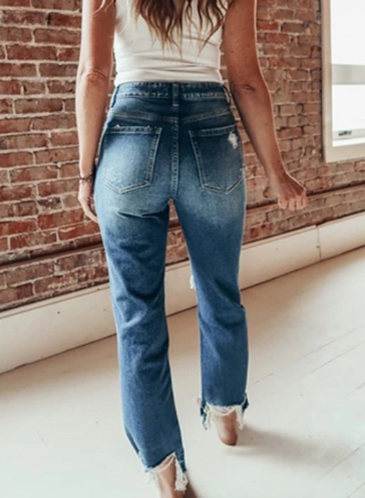 Women's Jeans Straight Solid High Waist Daily Ankle-length Casual Ripped Jeans