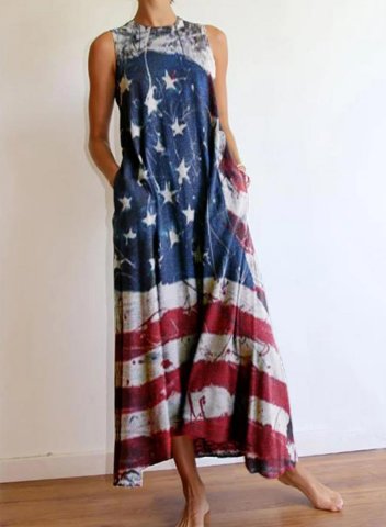 Women's American Flag Maxi Dresses with Pockets Summer Casual Long Dress