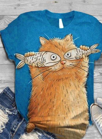 Women's T-shirts Cute Cat with Fish Short Sleeve T-shirt