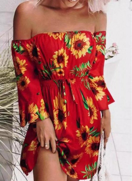 Women's Mini Dress Floral Sun A-line Drawstring Long Sleeve Off Shoulder Summer Daily Mini Dress