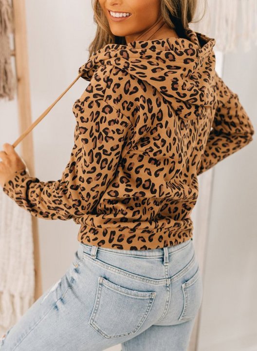 Leopard Long Sleeve Hooded Basic Sweatshirt