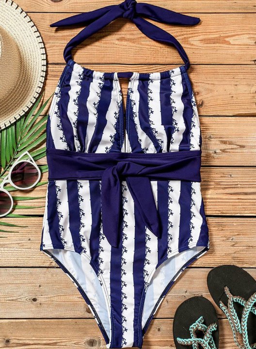 Women's One Piece Swimwear Color Block Striped Halter One-Piece Swimsuit