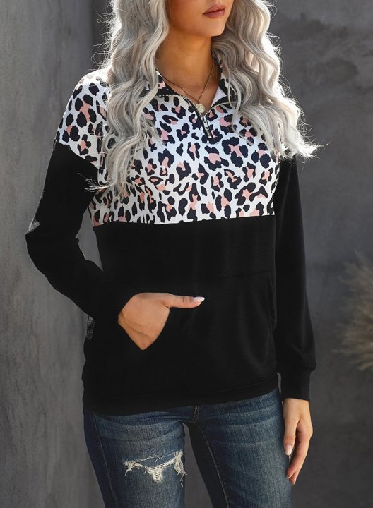 Color Block Leopard Long Sleeve Stand Neck Half Zip Sweatshirt