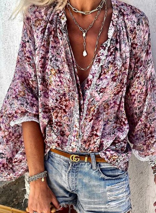 Women's Blouses Floral Lace Turn Down Collar Long Sleeve Spring Daily Boho Blouses