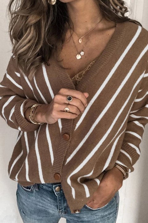 Women's Cardigans V Neck Stripe Long Sleeve Cardigan