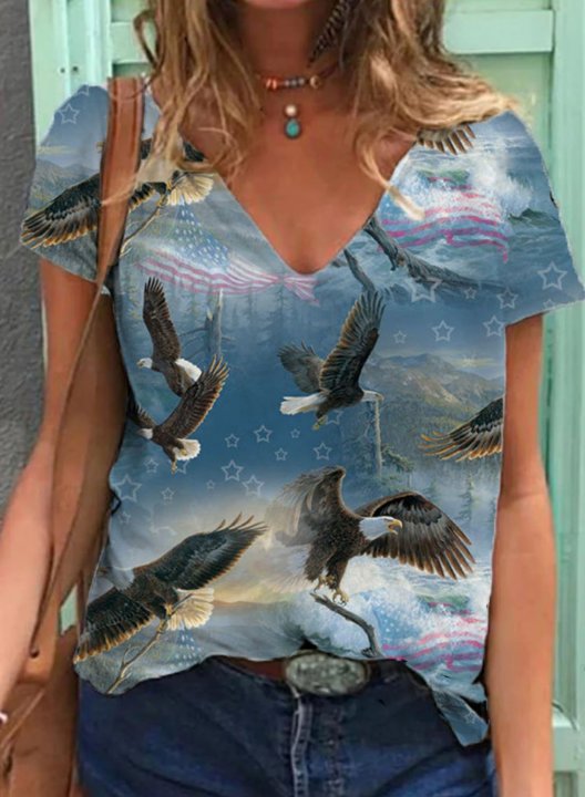 Women's T-shirts Eagle Print Color Block Short Sleeve V Neck Daily T-shirt