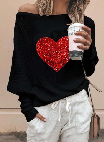 Women's Sweatshirt Color Block Sequin Heart Long Sleeve Off Shoulder Sweatshirt