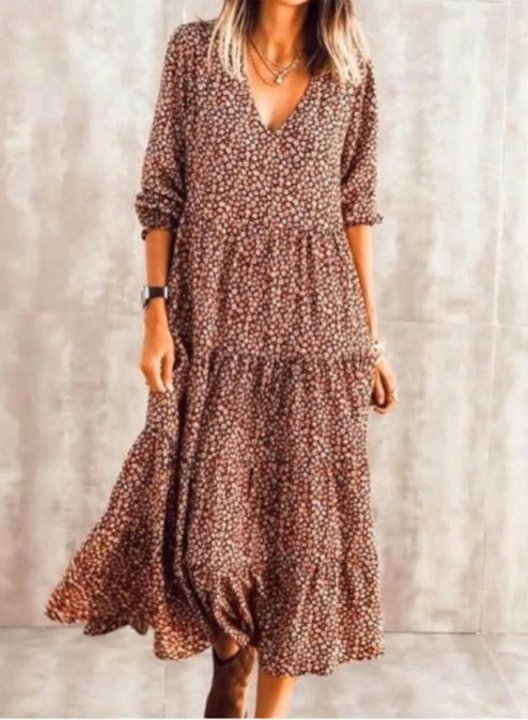 Women's Maxi Dresses Floral Long Sleeve A-line V Neck Vacation Boho Maxi Dress