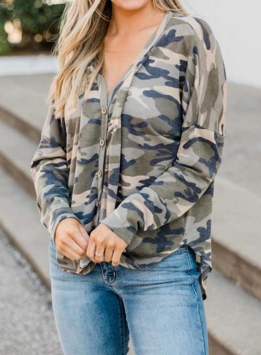 Camo Long Sleeve V Neck Button Sweatshirt