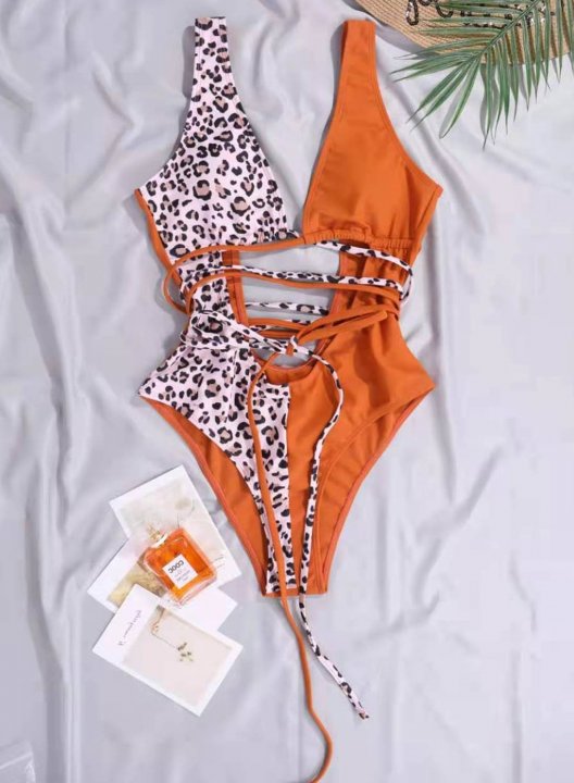 Women's One Piece Swimwear Leopard Colorblock V Neck Open Back Knot One-Piece Swimsuit