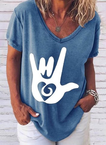 Women's T-shirts Solid Paw-Print Short Sleeve V Neck Daily Casual Tunic