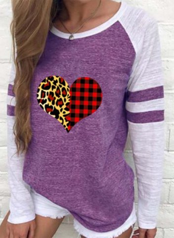 Women's T-shirts Striped Leopard Color Block Heart-shaped Print Long Sleeve Round Neck Daily T-shirt