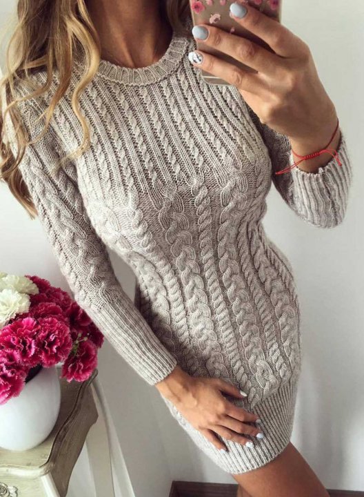 Women's Dress Round Neck Long Sleeve Bodycon Solid Knitted Twisted Casual Mini Dress