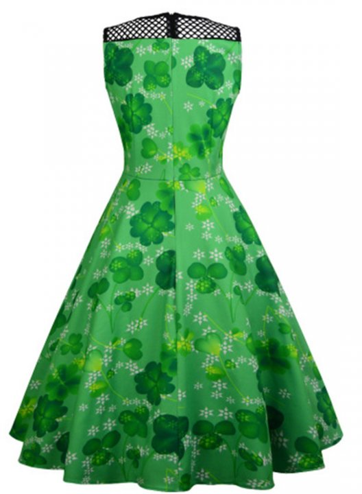 Women's Halter Neck Midi Dresses Sleeveless Fit Flare Shamrock Print St Patrick's Day Festival Vintage Midi Dress