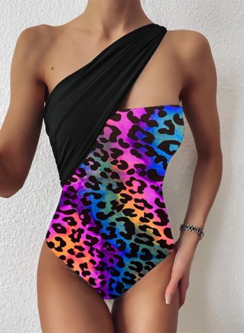 Women's One Piece Swimwear Leopard One-shoulder Vintage One-Piece Swimsuit
