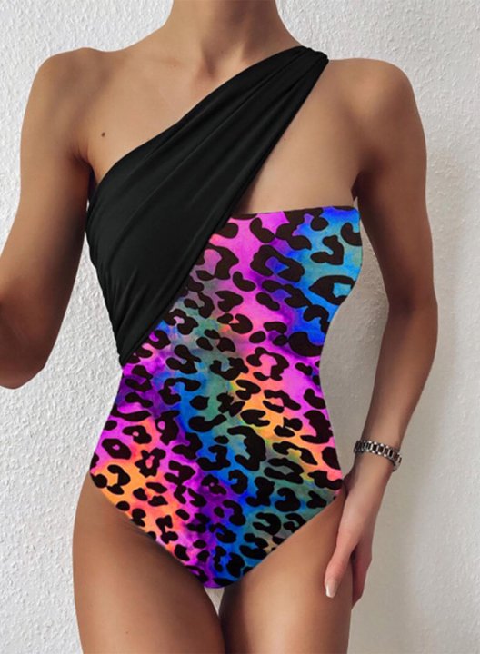 Women's One Piece Swimwear Leopard One-shoulder Vintage One-Piece Swimsuit