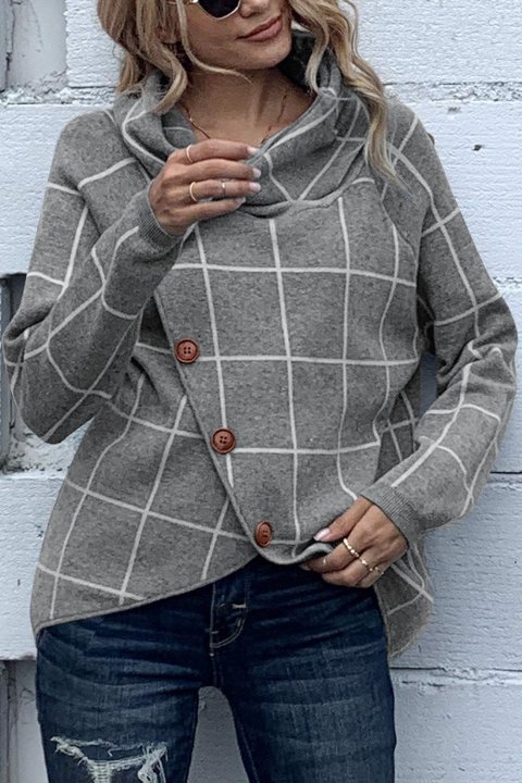 Women's Sweaters Button Wrap Turtleneck Pullover Plaid Print Knit Sweaters