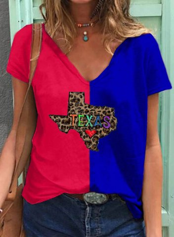 Women's T-shirts Color Block Leopard Letter Texas V Neck Short SleeveTexas independence day T-shirts