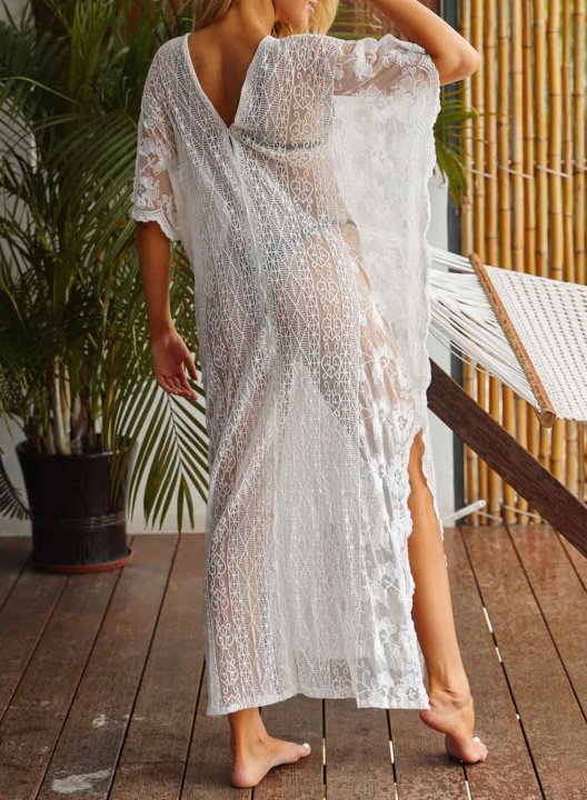 Women's Maxi Dress Solid V Neck Split Lace Short Sleeve Summer Casual Beach Maxi Dress