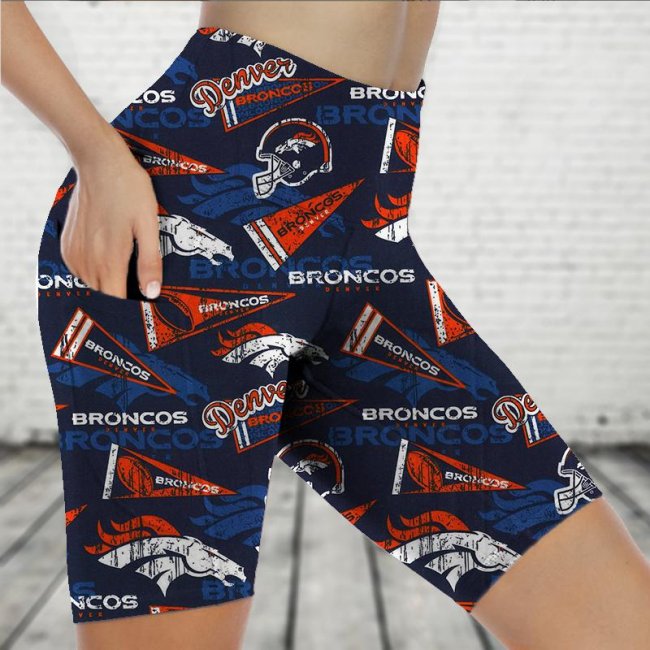 DENVER BRONCOS FOLLOW Sports Stretch Fitness Running Side Pocket Shorts Tight-Fitting High-Waist Yoga Pants