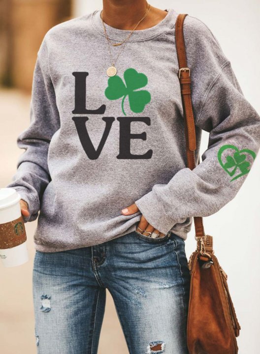 Women's Sweatshirts Four-leaf-clover Letter Print Long Sleeve Round Neck Sweatshirt