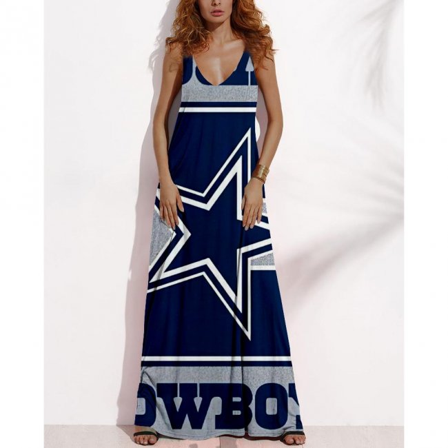 Women's Summer DALLAS COWBOYS Fan Print V-neck Sleeveless Loose Long A-line Dress