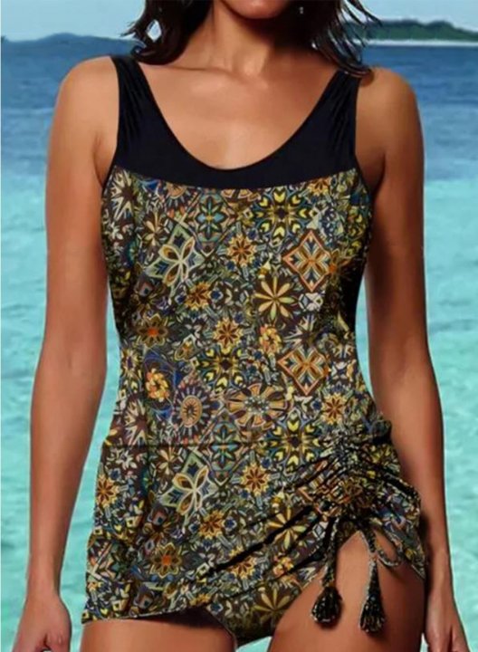 Women's Tankinis Tropical Drawstring Spaghetti Crew Neck Padded Tankini