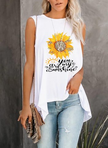 Women's Tank Tops Asymmetric Sunflower Letter-prints Sleeveless Round Neck Casual Daily Tunic Tank Top