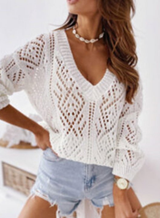 Women's Sweaters Solid Long Sleeve V Neck Cut-out Knitted Hollow Sweater