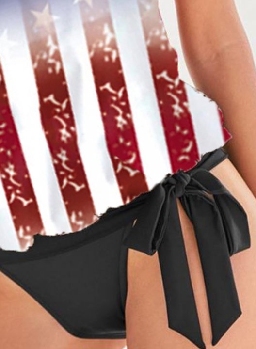 Women's Tankinis Mid Waist American Flag Striped Padded Knot Off Shoulder Vacation Tankini Set