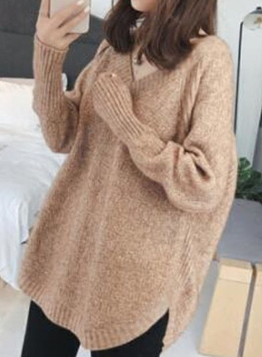 Women's Sweaters V Neck Long Sleeve Split Solid Casual Tunics