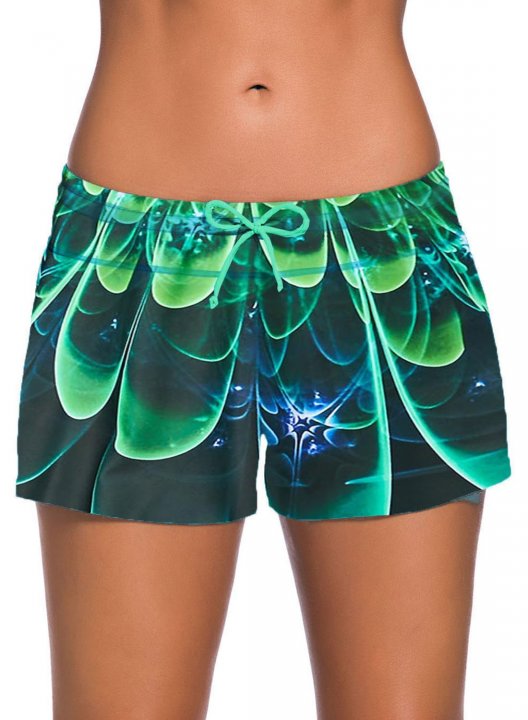 Women's Swim Shorts Mid Waist Color Block Drawstring Swim Shorts