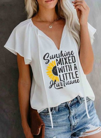 Women's T-shirts Letter Sun Ruffle Knot V Neck Short Sleeve Vintage Daily T-shirts