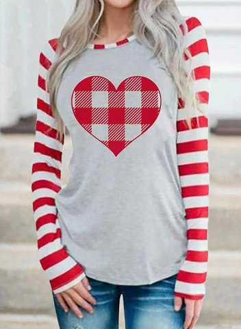 Women's Sweatshirts Round Neck Long Sleeve Plaid Heart Striped Sweatshirts
