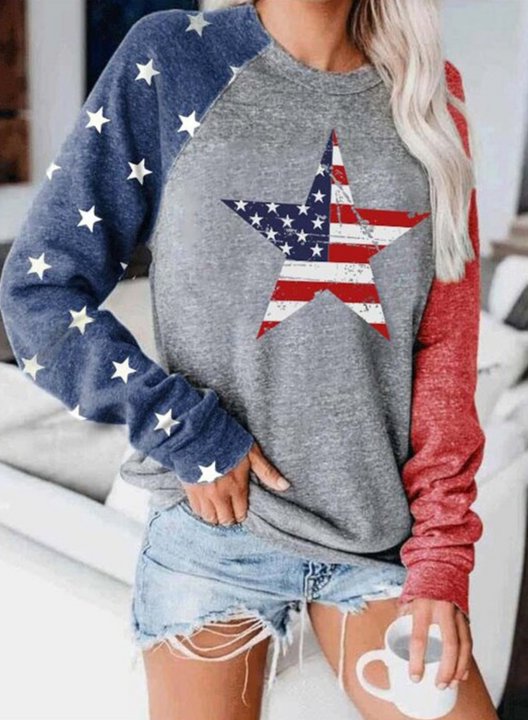 Woman's Sweatshirt American Flag Star Print Color Block Top