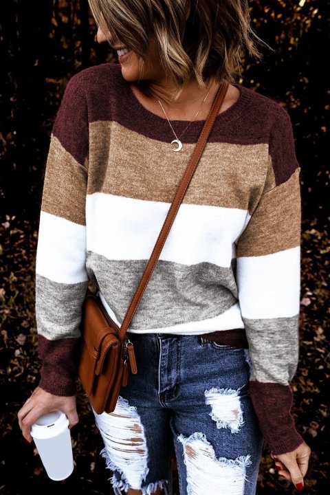 Women's Sweaters Round Neck Colorblock Knitting Sweaters