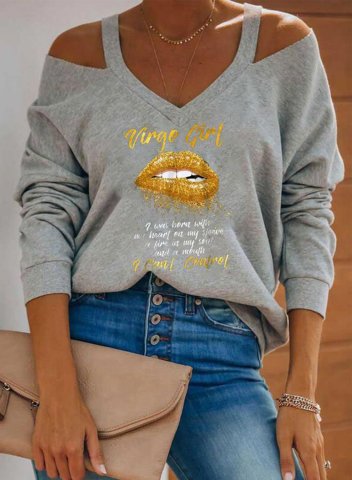Women's Pullovers Lip Letter Sequin Long Sleeve Cold-shoulder Daily Pullover